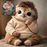 A thoughtful baby lounges comfortably in a cozy gray chair, dressed in warm earth-tone clothes and a beige sweater, with a curious hand gesture and a calm expression, surrounded by a softly lit modern interior.
