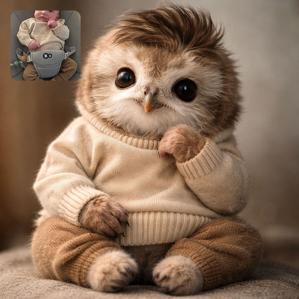 A thoughtful baby lounges comfortably in a cozy gray chair, dressed in warm earth-tone clothes and a beige sweater, with a curious hand gesture and a calm expression, surrounded by a softly lit modern interior.
