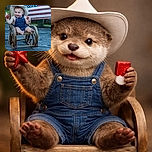 A cheerful baby wearing denim overalls and a cowboy hat sits happily in a rustic wooden rocking chair, waving small patriotic-themed toys with an American flag waving softly in the background, creating a cute and festive outdoor scene.