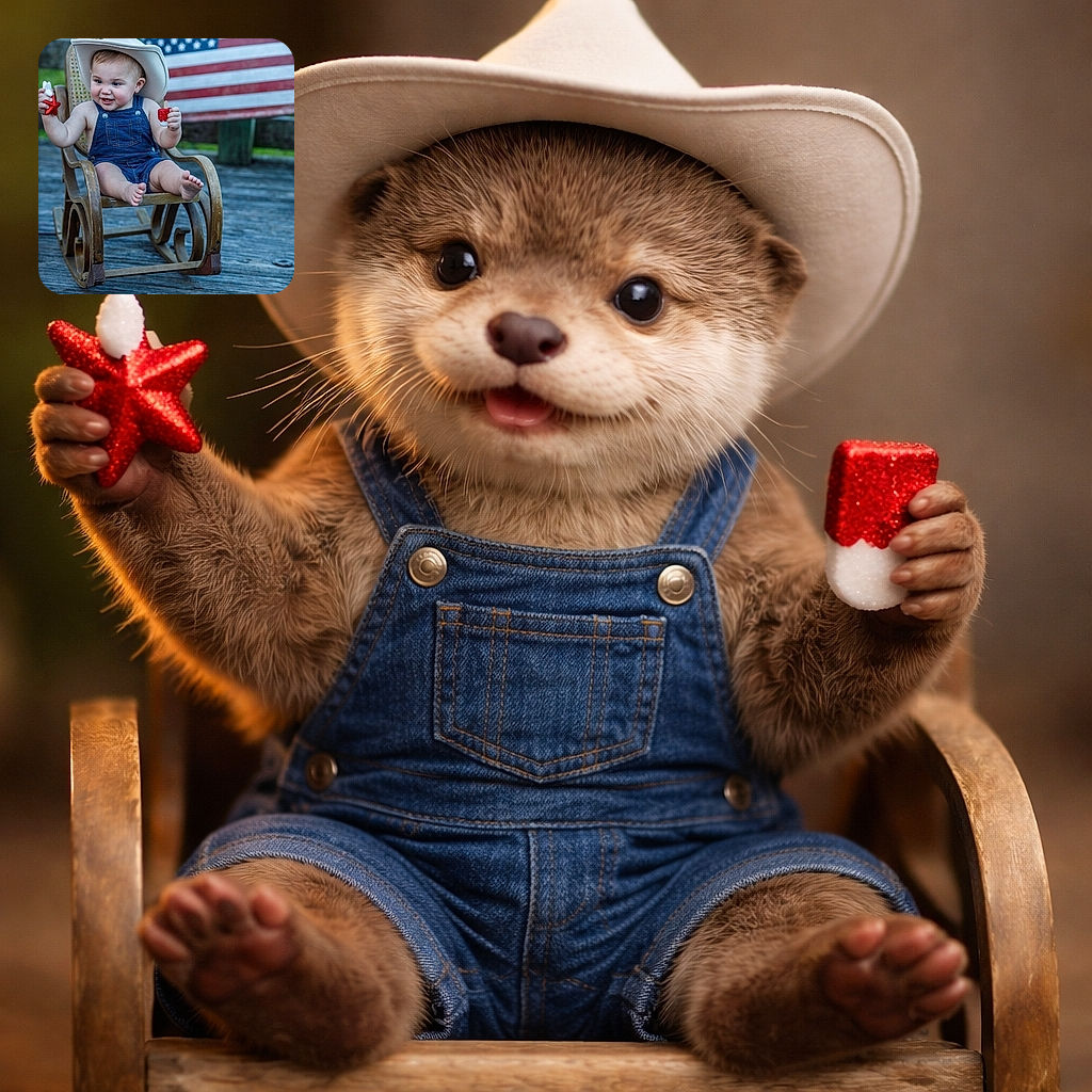 A cheerful baby wearing denim overalls and a cowboy hat sits happily in a rustic wooden rocking chair, waving small patriotic-themed toys with an American flag waving softly in the background, creating a cute and festive outdoor scene.