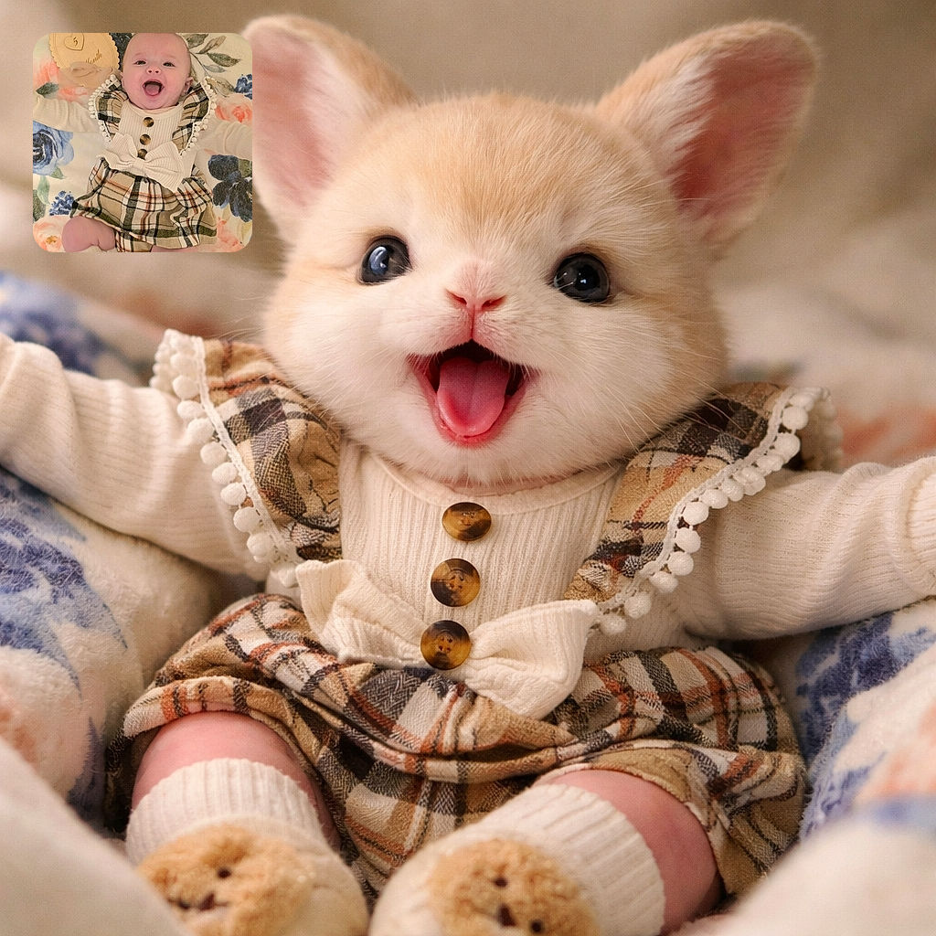 A delighted baby lies on a floral blanket, mouth wide open in a joyful squeal as if announcing snack time to the world. Dressed in a plaid dress with a big bow and tiny bear-socked feet, the little one radiates pure mischief and charm while the patterned background frames the scene like a cozy stage.
