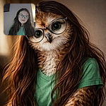 A young girl with long dark hair and oversized glasses smiles softly in a dimly lit room, wearing a green shirt. The background features a bright ceiling light and some indistinct wall decorations, giving a cozy, casual vibe.