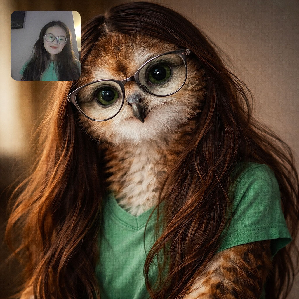 A young girl with long dark hair and oversized glasses smiles softly in a dimly lit room, wearing a green shirt. The background features a bright ceiling light and some indistinct wall decorations, giving a cozy, casual vibe.