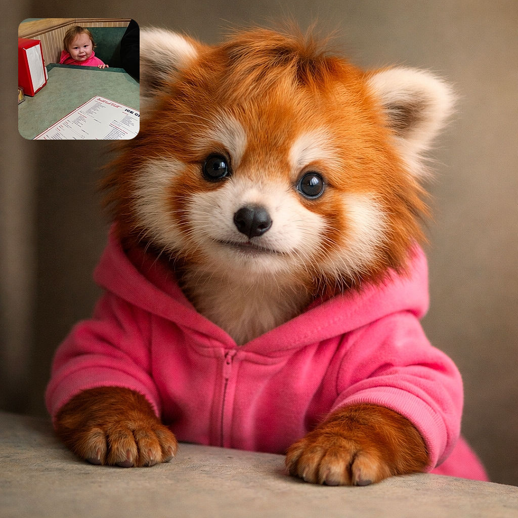 A cute toddler peeks over a diner table with a cheeky smile, surrounded by cozy booth walls and a colorful menu in the foreground, ready to pick a sweet treat.