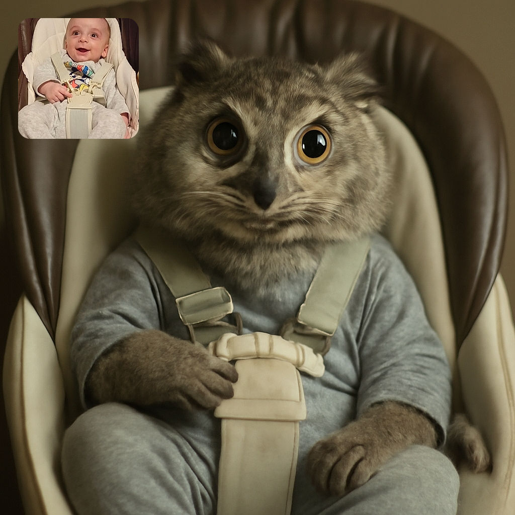 A joyful baby strapped into a comfy baby seat, wearing a Mickey Mouse outfit and flashing an adorable wide-eyed smile, looking ready to brighten anyone's day.