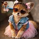 A little girl dressed in a pink tutu and denim vest rocks heart-shaped sunglasses, standing indoors near a door with a playful expression, while an adult's hand adjusts her hair in the background.
