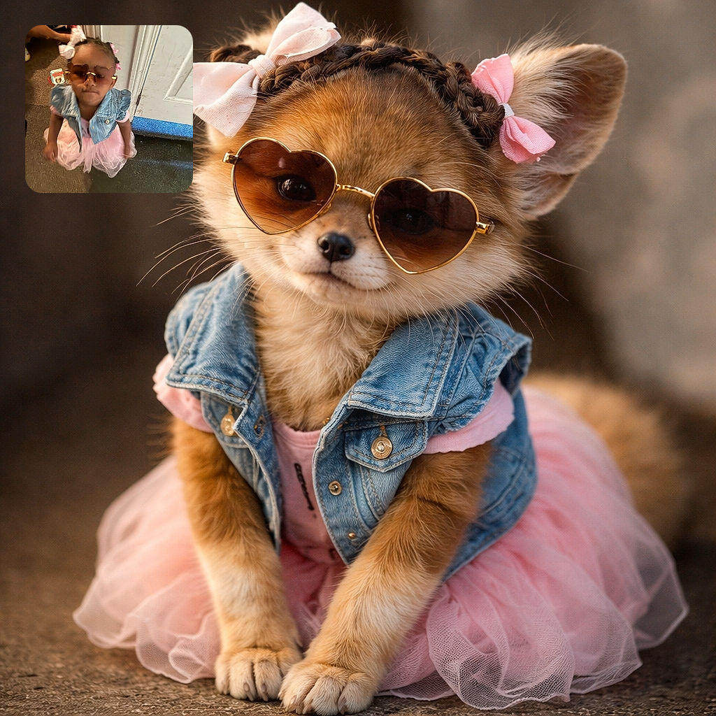 A little girl dressed in a pink tutu and denim vest rocks heart-shaped sunglasses, standing indoors near a door with a playful expression, while an adult's hand adjusts her hair in the background.
