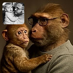 A tender black and white portrait captures a bearded man with glasses gazing lovingly at a wide-eyed baby in his arms, the baby's expression full of wonder and innocence while the background softly blurs into abstract shapes and light.