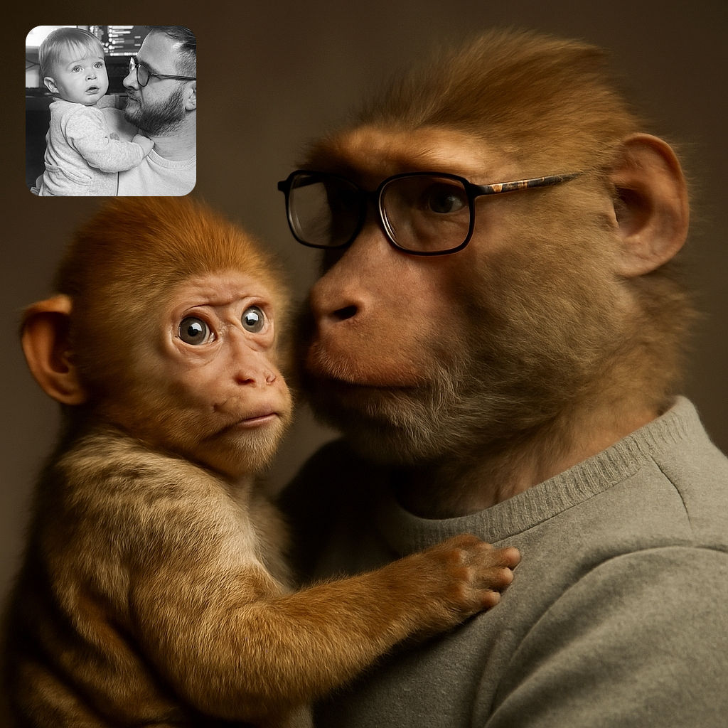 A tender black and white portrait captures a bearded man with glasses gazing lovingly at a wide-eyed baby in his arms, the baby's expression full of wonder and innocence while the background softly blurs into abstract shapes and light.