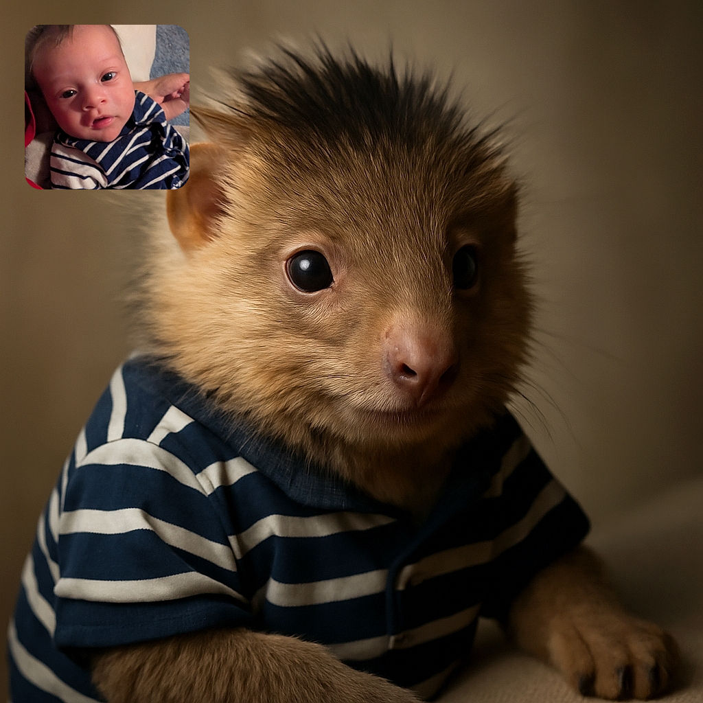 A close-up photo of a baby with curious wide eyes and tousled hair, dressed in a navy blue and white striped outfit, being gently held by an adult whose hand is visible in the frame. The background is softly blurred, emphasizing the baby's face.