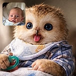A wide-eyed baby with a bib and plaid shirt is held close, looking curiously at the camera while clutching a colorful pacifier, with a soft blanket and a cozy adult shoulder in the background.