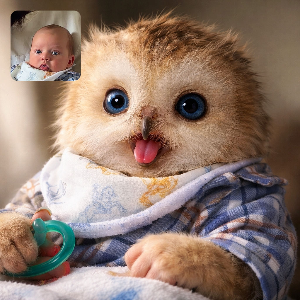 A wide-eyed baby with a bib and plaid shirt is held close, looking curiously at the camera while clutching a colorful pacifier, with a soft blanket and a cozy adult shoulder in the background.