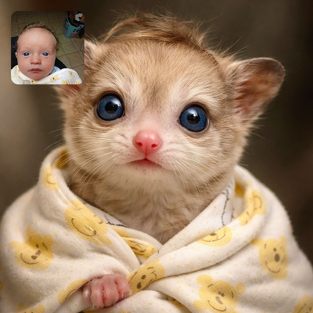 A wide-eyed newborn peers up at the camera with a faint milk mustache and tousled hair — a tiny bottle nipple in frame and a laundry basket/tile floor backdrop giving the scene a very real-life parent-photo charm.