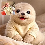 A happy baby dressed in cozy cream-colored clothes with a Pooh bear on the chest, surrounded by colorful, soft cushions, smiling warmly at the camera in a cozy indoor setting.