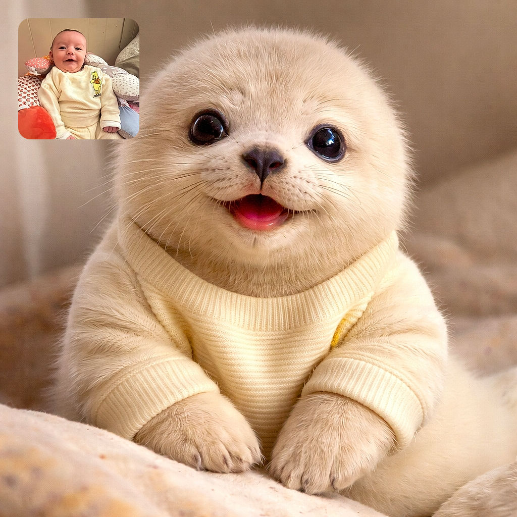 A happy baby dressed in cozy cream-colored clothes with a Pooh bear on the chest, surrounded by colorful, soft cushions, smiling warmly at the camera in a cozy indoor setting.