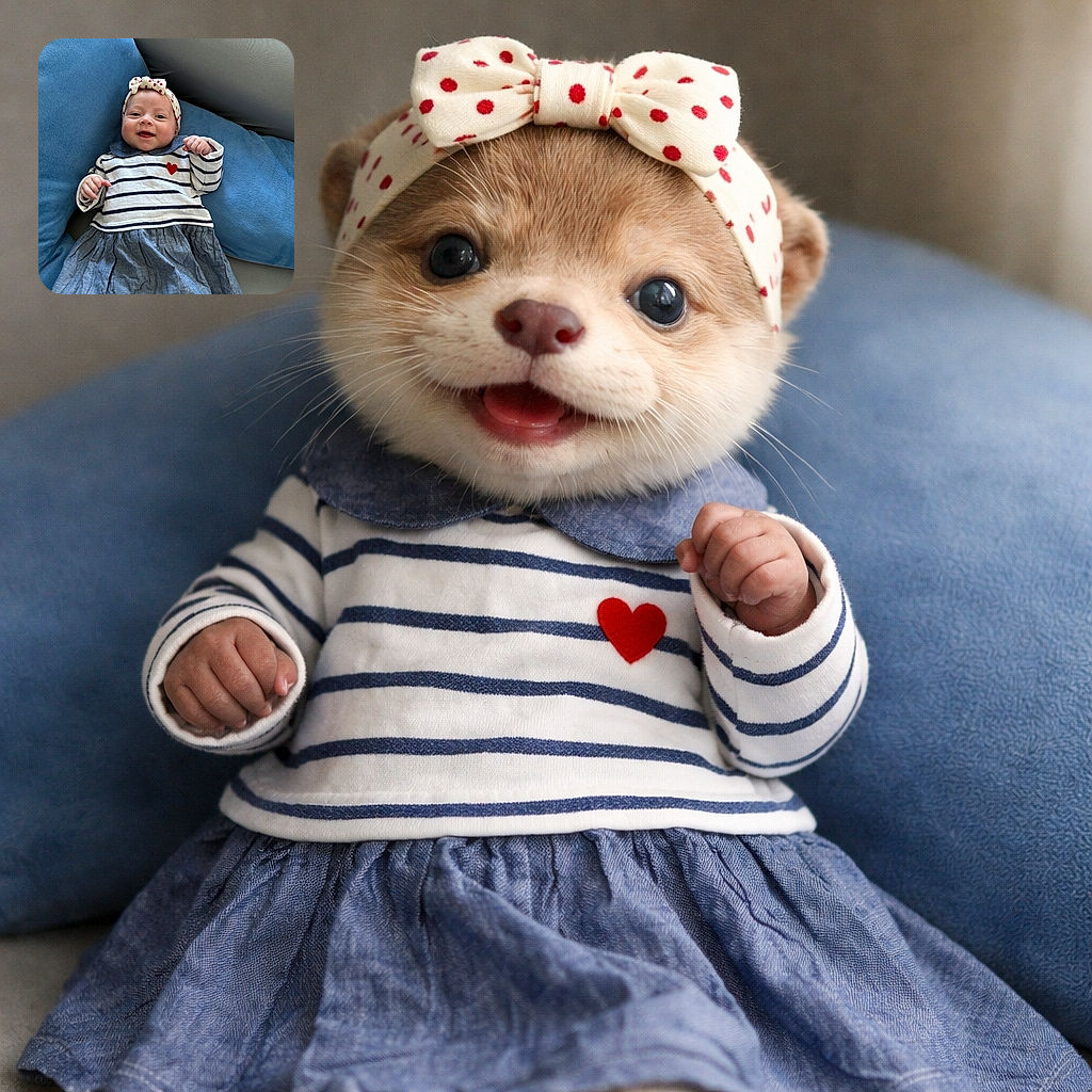 A cheerful baby wearing a cute striped dress and a heart-patterned headband lounges comfortably on a blue cushion, flashing a joyful smile that could melt any heart.