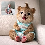 A joyful baby with a playful mohawk hairstyle sits comfortably on a textured white armchair, smiling widely as if sharing a secret joke with the camera.