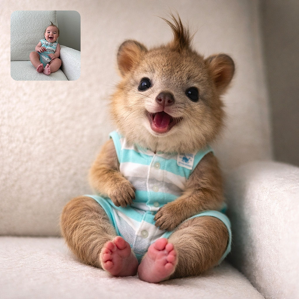A joyful baby with a playful mohawk hairstyle sits comfortably on a textured white armchair, smiling widely as if sharing a secret joke with the camera.