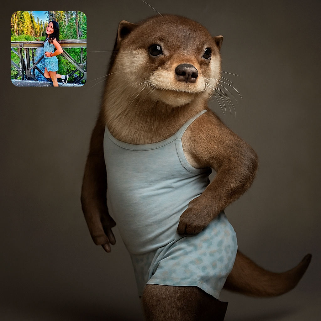 A cheerful young girl poses confidently on a rustic wooden bridge over a flowing stream, surrounded by a lush forest bathed in warm sunlight. Her playful stance and bright smile capture a moment of pure outdoor joy.