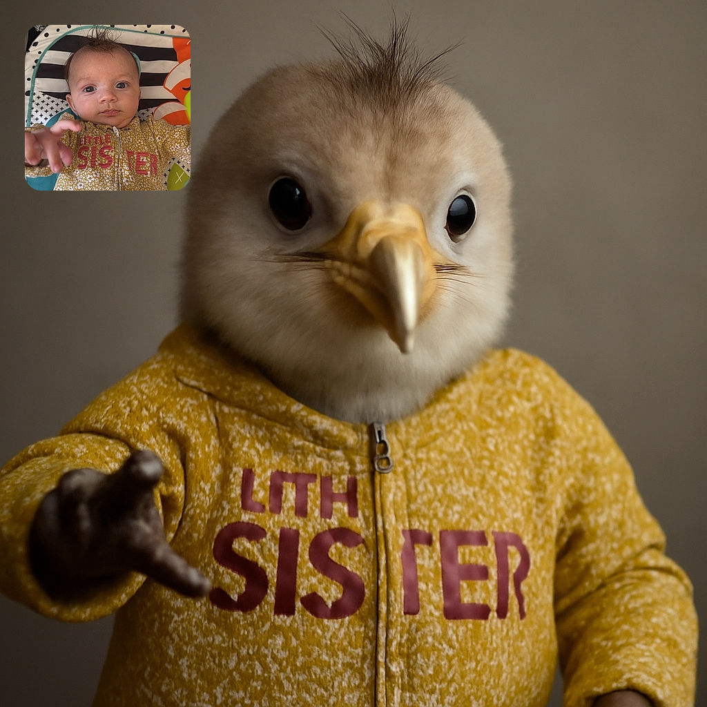 An adorable baby in a floral yellow outfit with 'LITTLE SISTER' written on it is lying on a colorful play mat, reaching towards the camera with curious eyes and tousled hair, surrounded by playful patterns and soft textures.