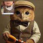 A close-up photo of an adorable baby dressed in a brown vest and matching hat, looking curiously at the camera while holding a colorful toy. The image is framed by a smartphone screen with visible icons and a Google search bar overlay.