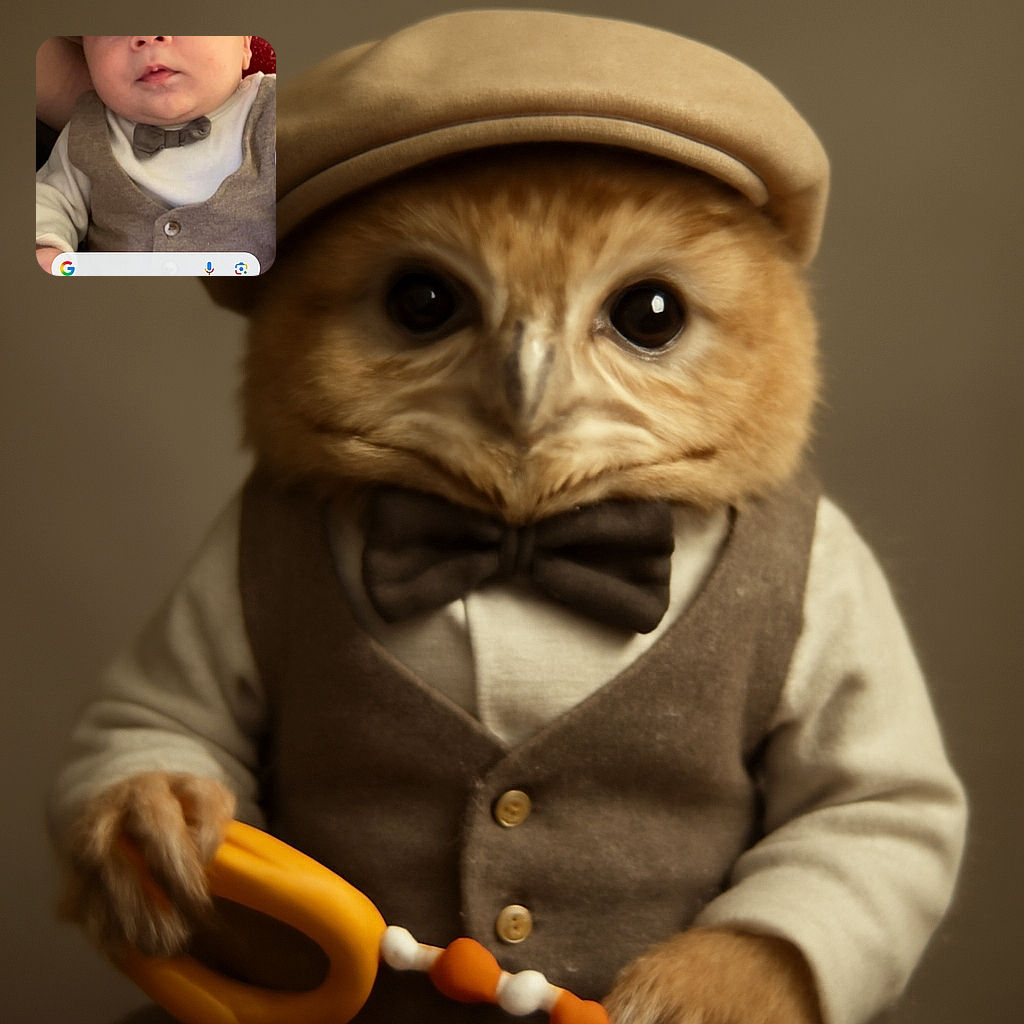 A close-up photo of an adorable baby dressed in a brown vest and matching hat, looking curiously at the camera while holding a colorful toy. The image is framed by a smartphone screen with visible icons and a Google search bar overlay.