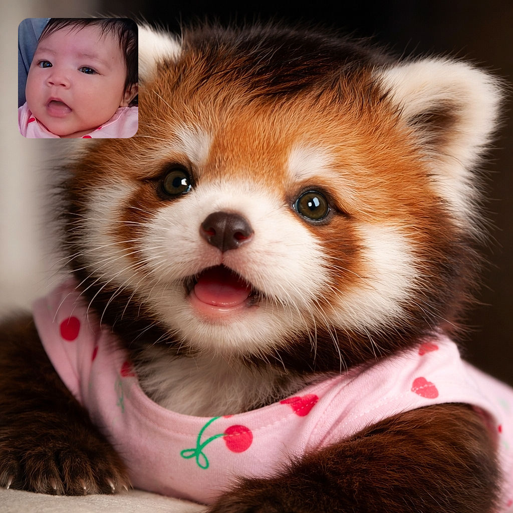 A chubby-cheeked infant stares curiously at the camera with a tiny tongue peeking out, wearing a cherry-print onesie and framed in a cozy close-up that screams snack-time cuteness.