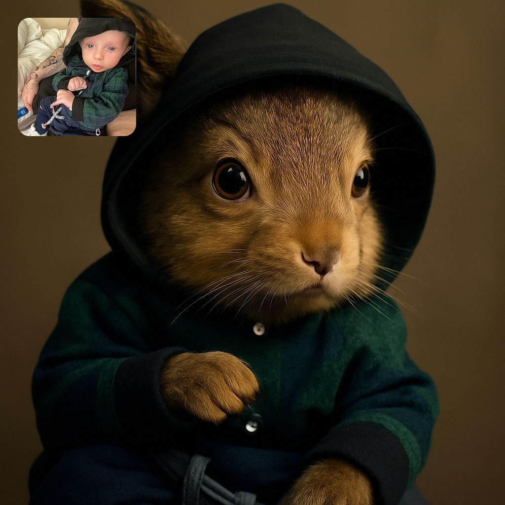 A slightly blurry but adorable baby bundled in a green plaid hoodie and navy pants, sitting on a tattooed adult's lap, looking curiously at the camera with a soft indoor background of white bedding.