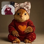 A chubby-cheeked baby dressed in cozy maroon pajamas with heart patterns and a cute fox emblem, lounging comfortably on a fluffy white chair, wearing a large floral headwrap that adds a touch of adorable style.