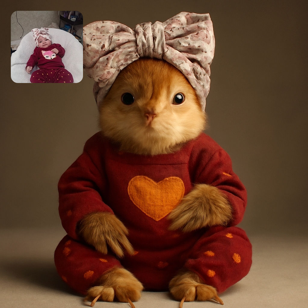 A chubby-cheeked baby dressed in cozy maroon pajamas with heart patterns and a cute fox emblem, lounging comfortably on a fluffy white chair, wearing a large floral headwrap that adds a touch of adorable style.