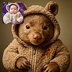 A chubby-cheeked baby bundled up in a fuzzy bear-themed hoodie with tiny ears on the hood, staring curiously with wide eyes. The cozy outfit features a cute Winnie the Pooh patch, and the baby is resting on a dark blanket, looking like the cutest little bear cub ready for a nap or an adventure.