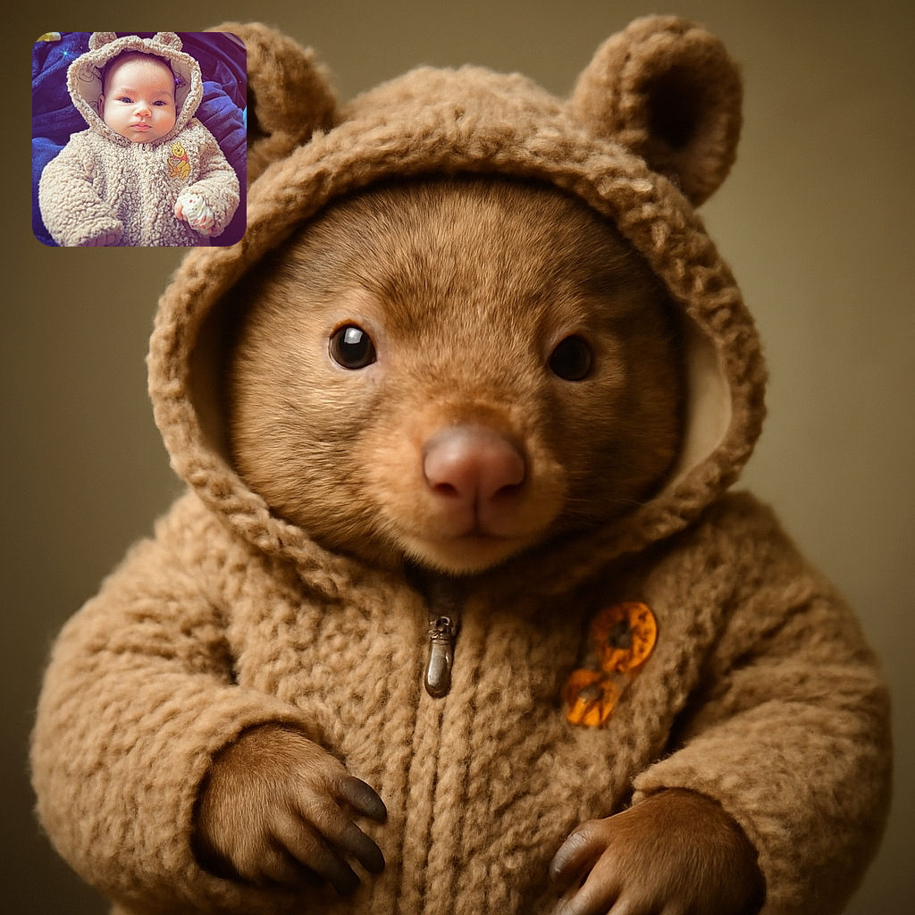 A chubby-cheeked baby bundled up in a fuzzy bear-themed hoodie with tiny ears on the hood, staring curiously with wide eyes. The cozy outfit features a cute Winnie the Pooh patch, and the baby is resting on a dark blanket, looking like the cutest little bear cub ready for a nap or an adventure.
