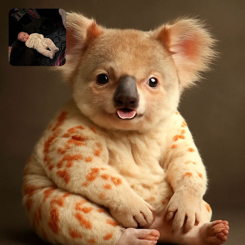 A curious baby in a floral onesie lies comfortably on a large black dog, who is resting peacefully on a patterned blanket in a cozy indoor setting. The baby sticks out their tongue in a playful expression, while the dog provides a gentle and fluffy pillow.