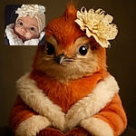 A close-up of an adorable baby bundled in a fluffy white coat and wearing a cream-colored headband with a large fabric flower, looking curiously at the camera with big bright eyes against a dark background.