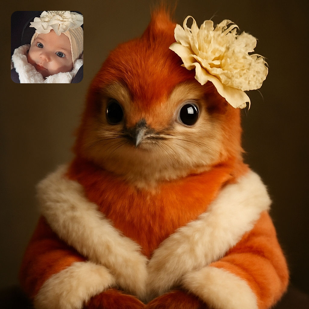 A close-up of an adorable baby bundled in a fluffy white coat and wearing a cream-colored headband with a large fabric flower, looking curiously at the camera with big bright eyes against a dark background.