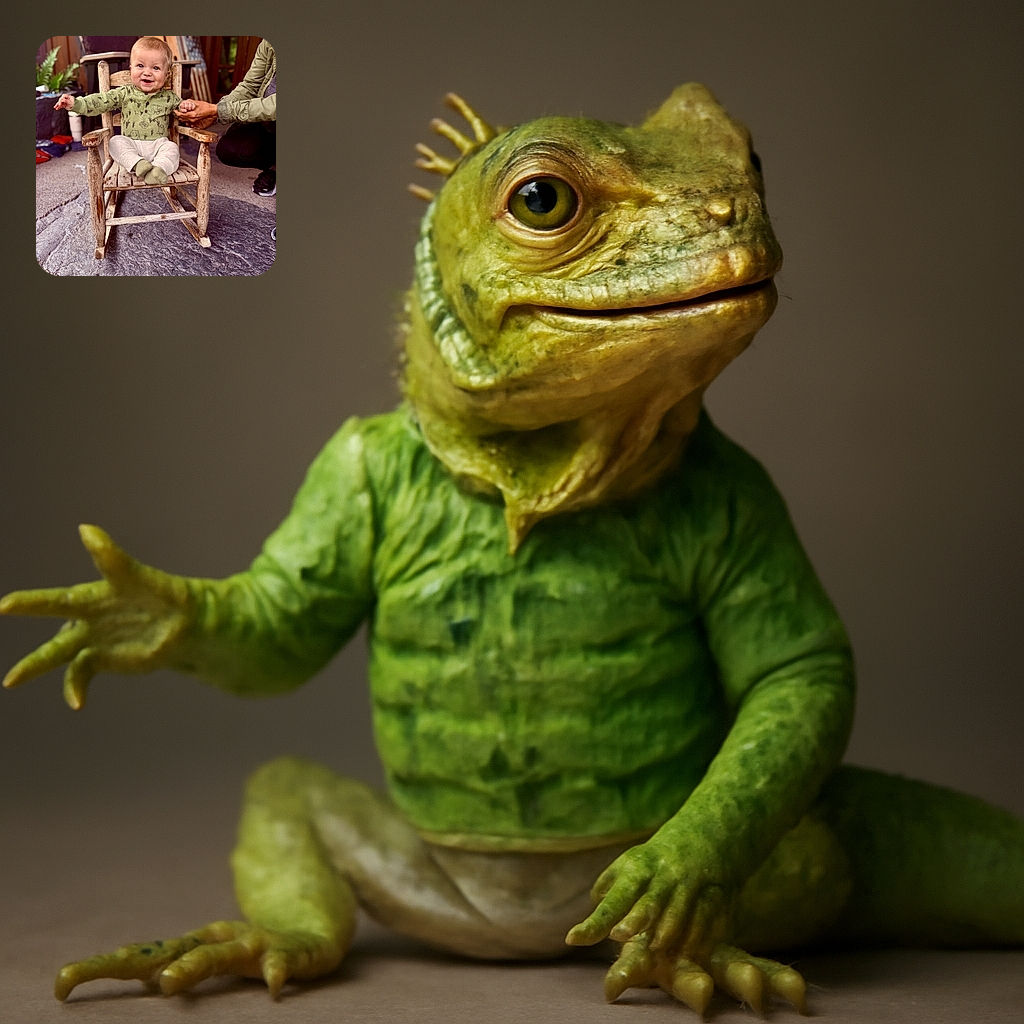 A cheerful baby sitting comfortably in a rustic wooden rocking chair, wearing a green patterned sweater and light pants, reaching out with a bright smile while holding an adult's hand for support in a cozy, warmly lit room.