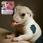 A close-up photo of a baby sticking out their tongue with wide eyes, wrapped in a white garment, sitting comfortably with a couch in the background.