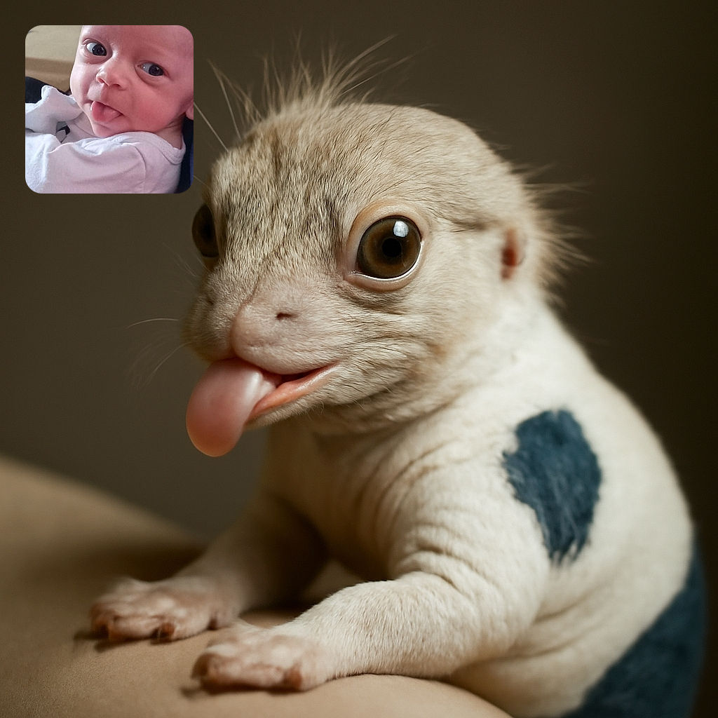 A close-up photo of a baby sticking out their tongue with wide eyes, wrapped in a white garment, sitting comfortably with a couch in the background.