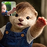 A chubby-cheeked baby wearing denim overalls reaches out energetically towards the camera with a playful expression, set against a leafy backyard and a house exterior.