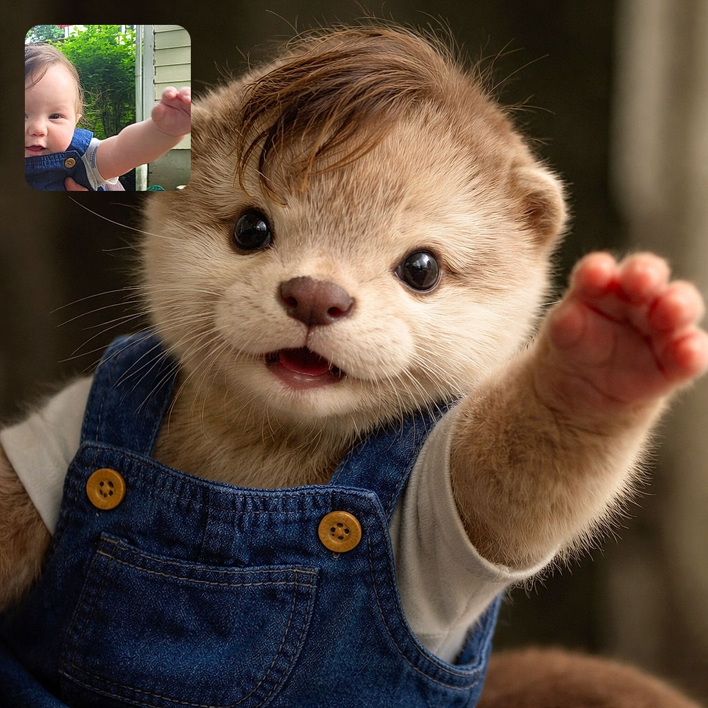 A chubby-cheeked baby wearing denim overalls reaches out energetically towards the camera with a playful expression, set against a leafy backyard and a house exterior.
