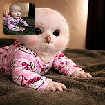A wide-eyed baby in pink Hello Kitty pajamas is lying on a cozy green blanket, looking curiously ahead with a soft glow of warm light casting gentle shadows on the textured wall behind.