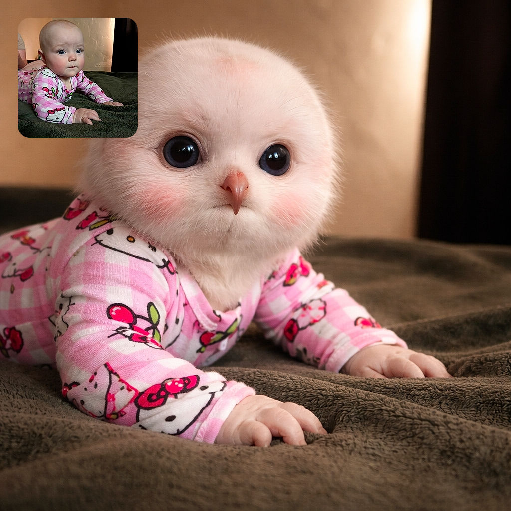 A wide-eyed baby in pink Hello Kitty pajamas is lying on a cozy green blanket, looking curiously ahead with a soft glow of warm light casting gentle shadows on the textured wall behind.