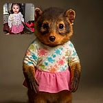 A cute little girl with a messy face from spaghetti sauce stands confidently on a chair in a cozy kitchen, while a blurred boy reaches out near the table with a bowl of half-eaten spaghetti in the foreground.