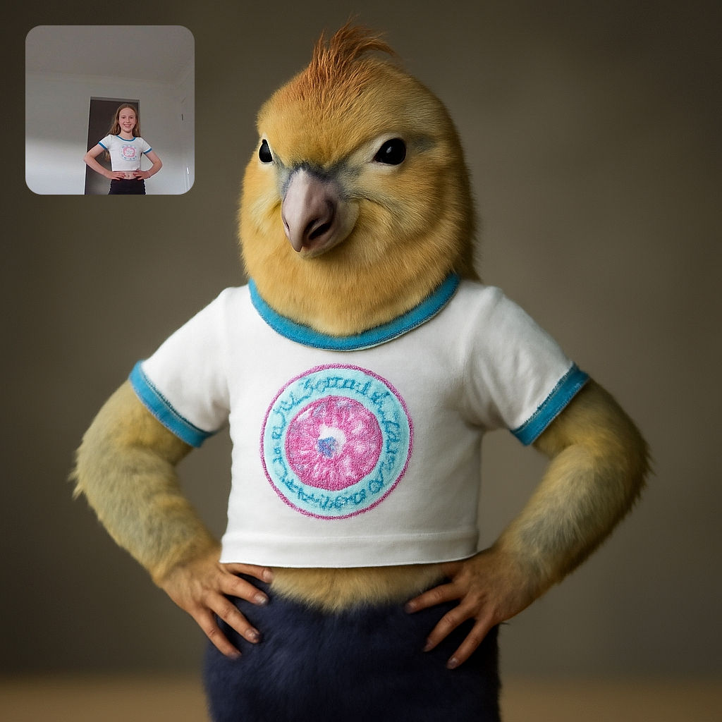 A smiling young girl stands confidently with her hands on her hips in a plain room, wearing a white crop top and dark pants, with a doorway and a closed door in the background.