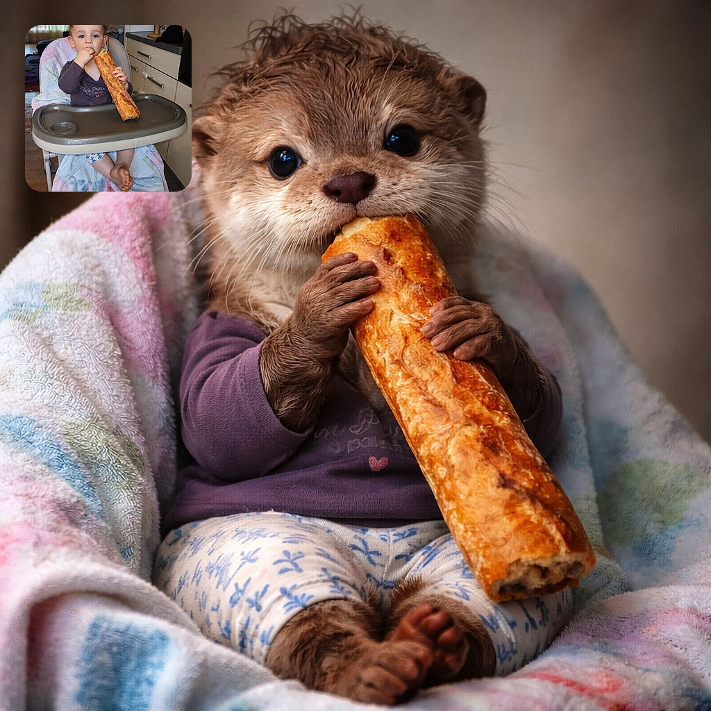 Tiny baguette conqueror: a toddler in a highchair fiercely clutching a long loaf like a prized trophy, stuffing crumbs into their mouth with one hand and dangling a bare foot like a casual boss.