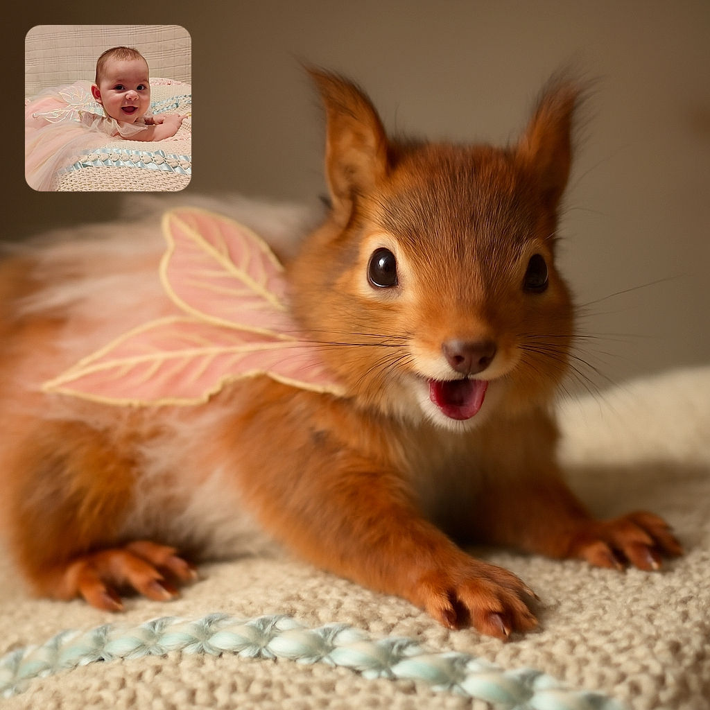 A joyful baby dressed in a delicate, pastel pink fairy-like dress with embroidered wings, lying on a cozy knitted blanket with blue ribbons, smiling brightly and looking curiously at the camera.