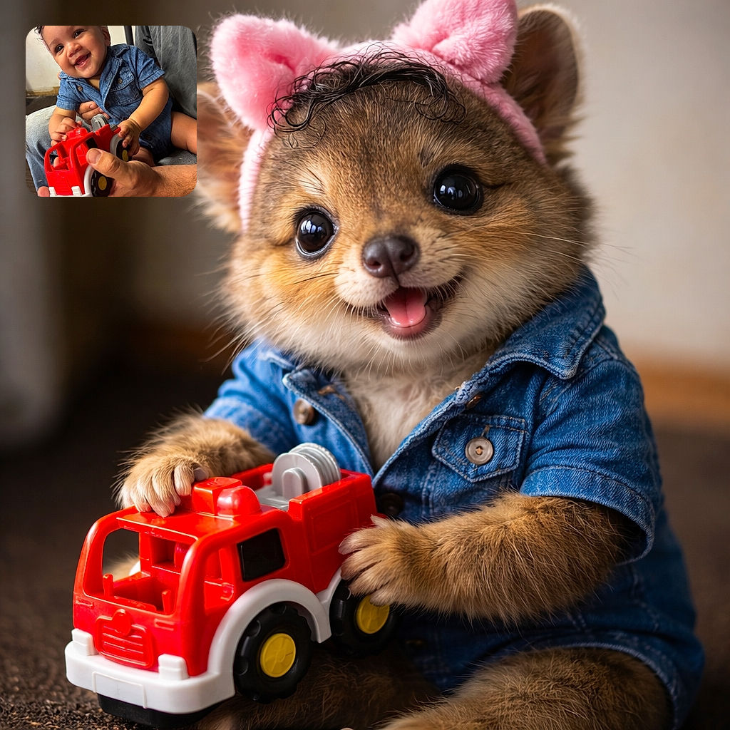 A joyful baby with a pink bunny ear headband and a denim shirt beams with delight while holding a bright red toy fire truck, supported by an adult's hands wearing casual jeans and a gray shirt in a cozy indoor setting.