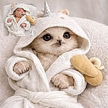 A tiny unicorn-robed baby staging a cozy photoshoot — pacifier on duty, hooded horn and all, wrapped like a snack in a fluffy cloud while plotting world cuteness domination.