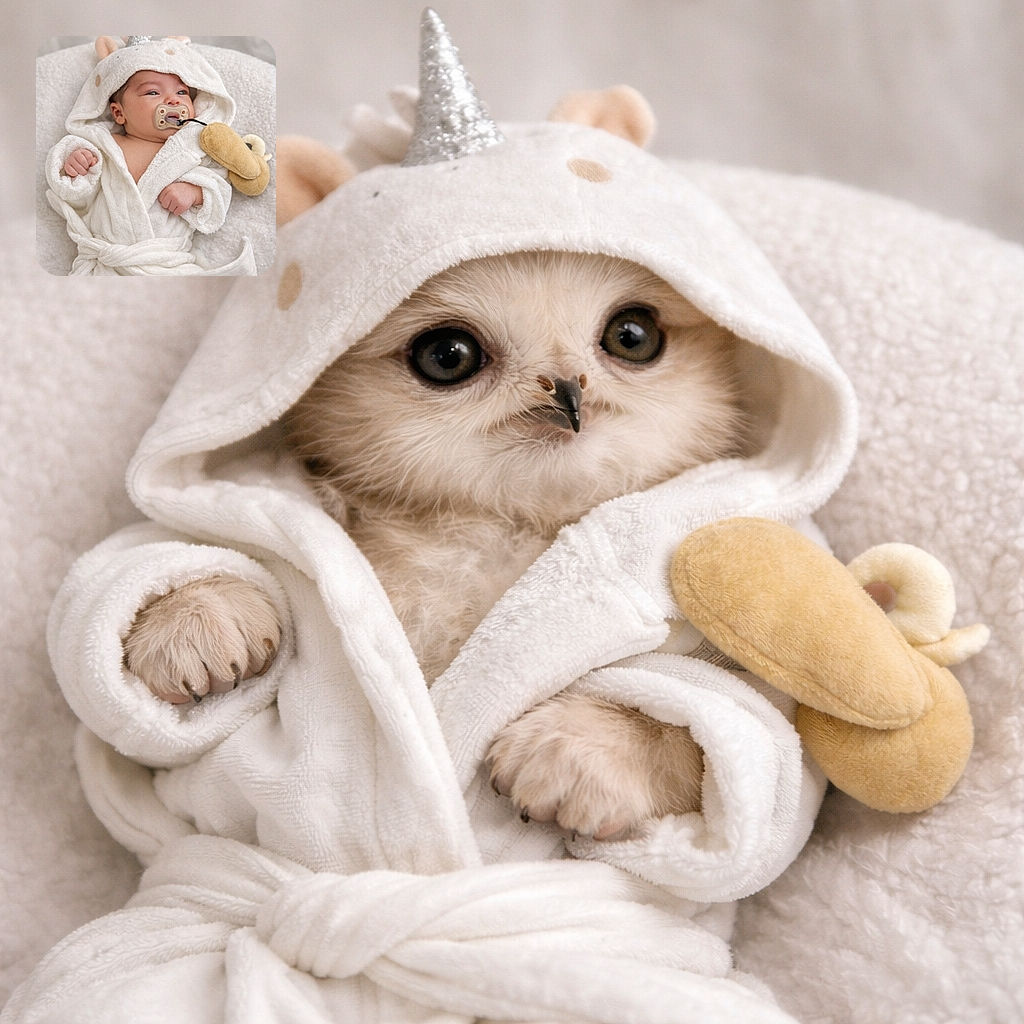 A tiny unicorn-robed baby staging a cozy photoshoot — pacifier on duty, hooded horn and all, wrapped like a snack in a fluffy cloud while plotting world cuteness domination.
