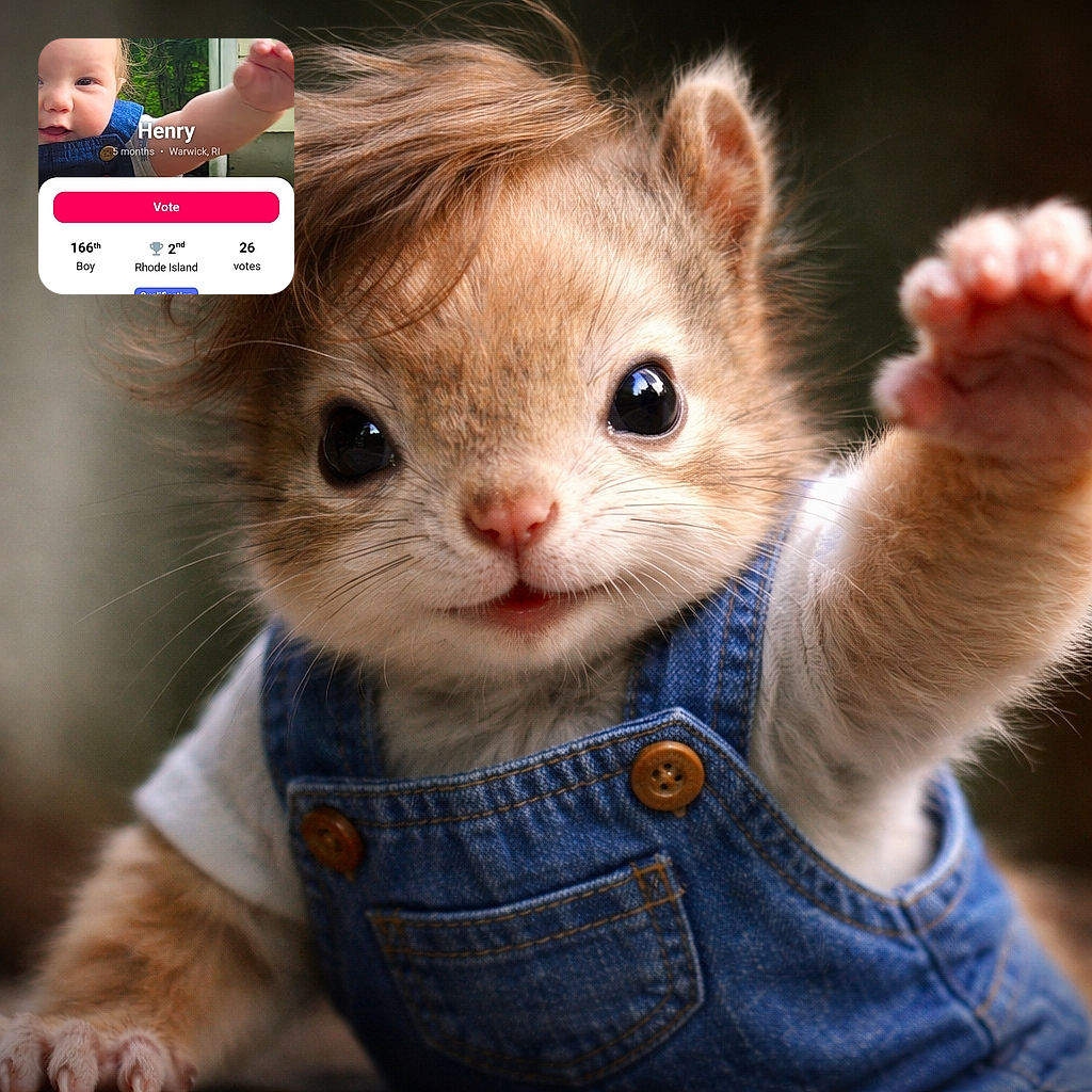 A cute 5-month-old baby named Henry reaching out with a curious expression, set against a leafy outdoor background and a house siding. The photo is part of a voting contest interface with text overlays about votes and rankings.